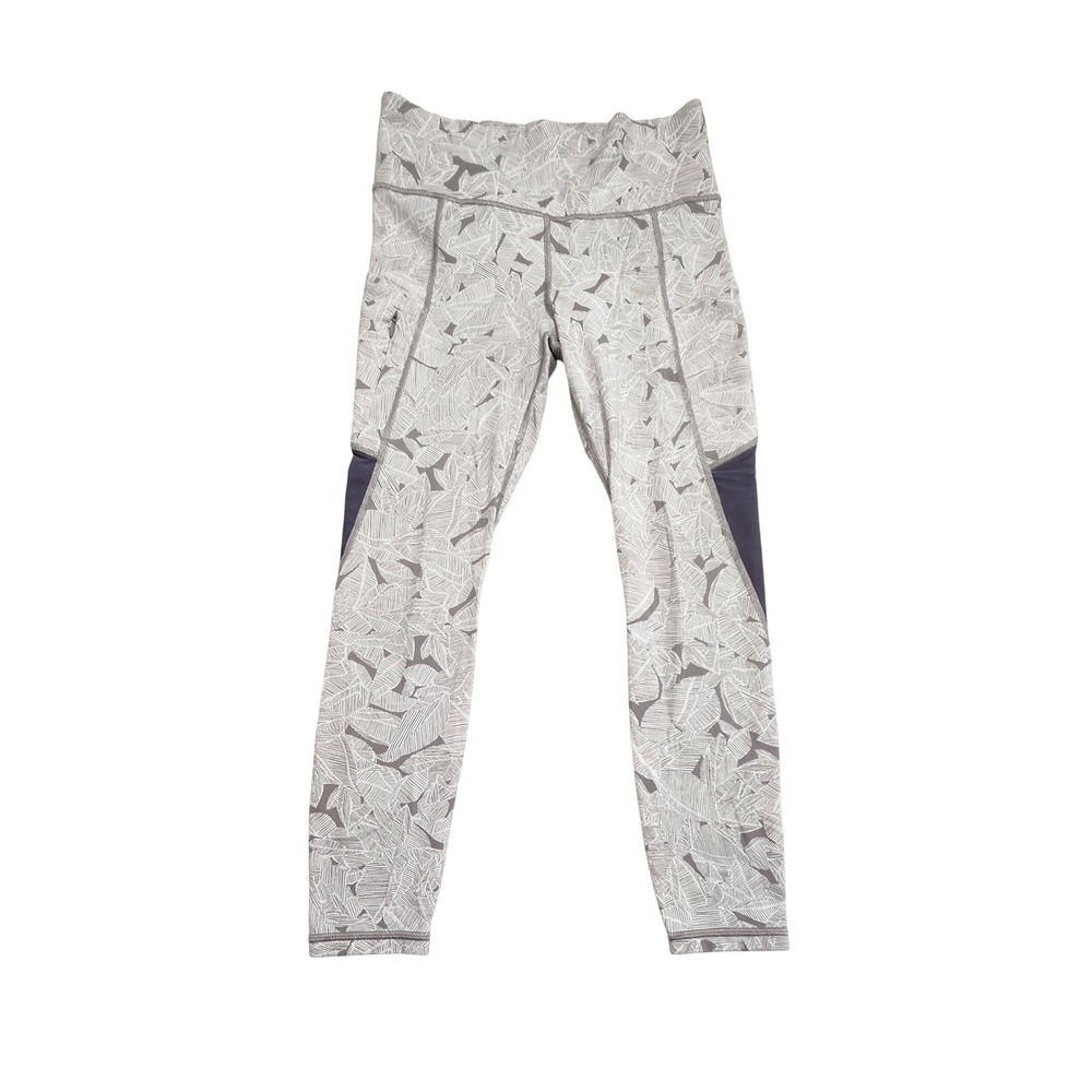 Athleta High Rise Tropical Leaf Print Mesh Pocket Leggings Gray White Medium